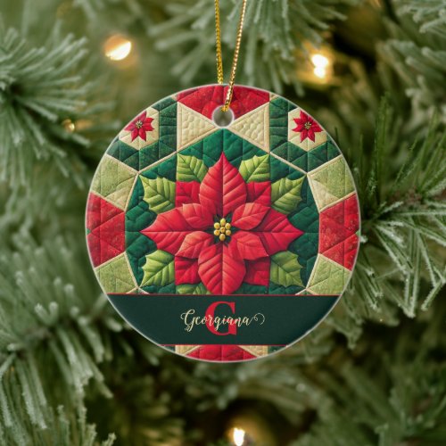 Custom Name Festive Floral Patchwork Poinsettia Ceramic Ornament
