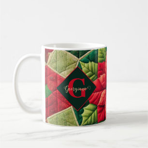 Custom Name Festive Floral Patchwork Poinsettia Coffee Mug