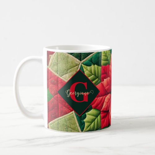 Custom Name Festive Floral Patchwork Poinsettia Coffee Mug