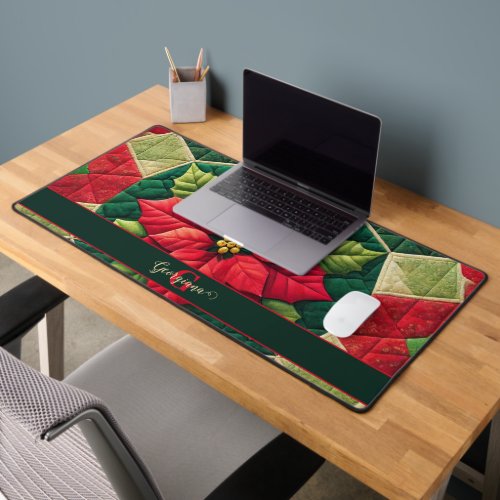 Custom Name Festive Floral Patchwork Poinsettia Desk Mat