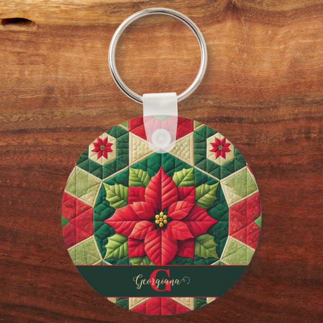 Custom Name Festive Floral Patchwork Poinsettia Keychain (Front)