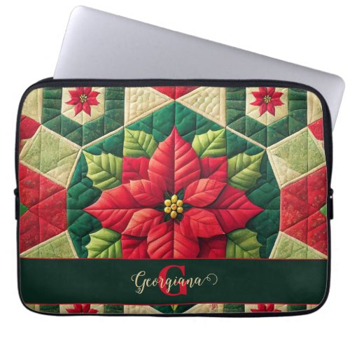 Custom Name Festive Floral Patchwork Poinsettia Laptop Sleeve