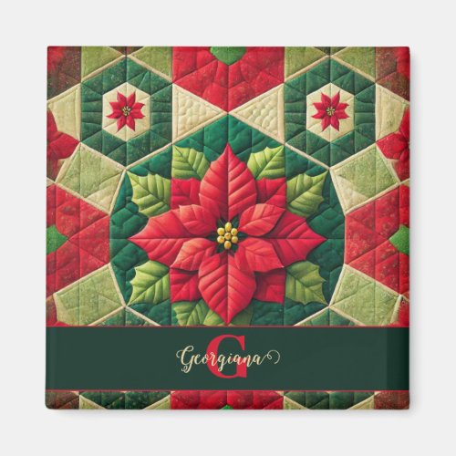 Custom Name Festive Floral Patchwork Poinsettia Magnet