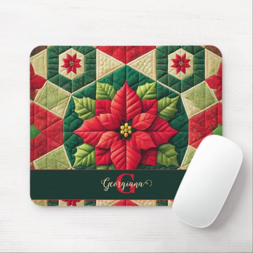 Custom Name Festive Floral Patchwork Poinsettia Mouse Pad