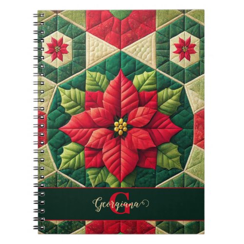 Custom Name Festive Floral Patchwork Poinsettia Notebook