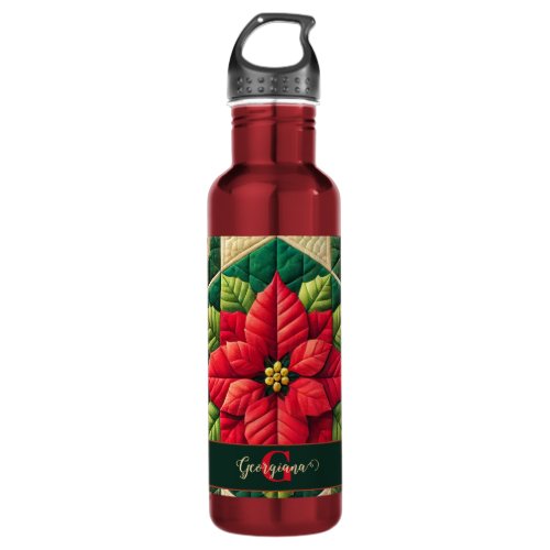 Custom Name Festive Floral Patchwork Poinsettia Stainless Steel Water Bottle