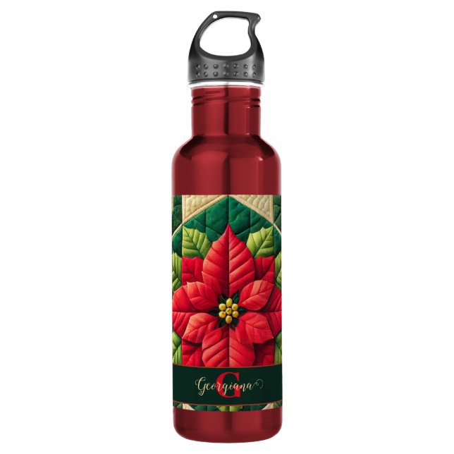 Custom Name Festive Floral Patchwork Poinsettia Stainless Steel Water Bottle (Front)