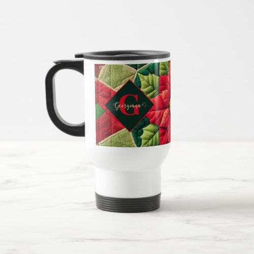 Custom Name Festive Floral Patchwork Poinsettia Travel Mug