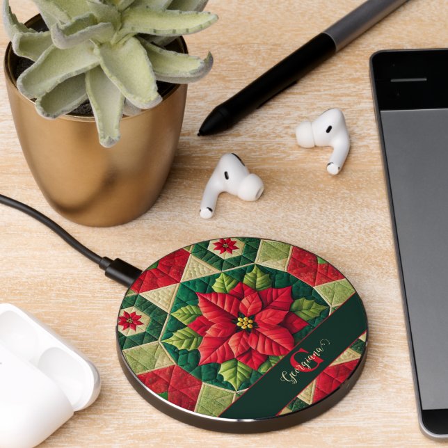 Custom Name Festive Floral Patchwork Poinsettia Wireless Charger (Desk 2)