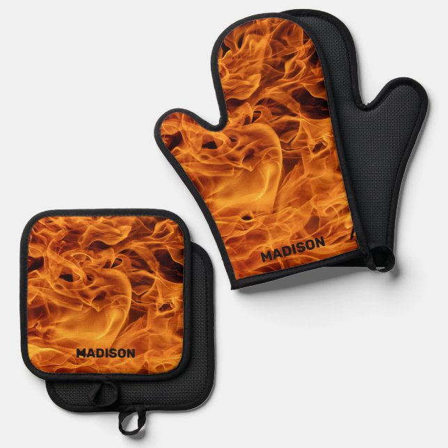 Custom Name Fire Flames Oven Mitt & Pot Holder Set (Front/Back)