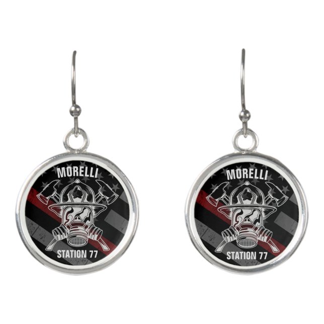 Custom NAME Firefighter Fire Department Station Earrings (Front)