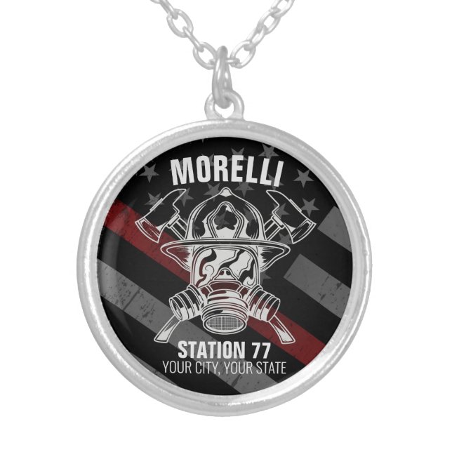 Custom NAME Firefighter Fire Department Station Silver Plated Necklace (Front)