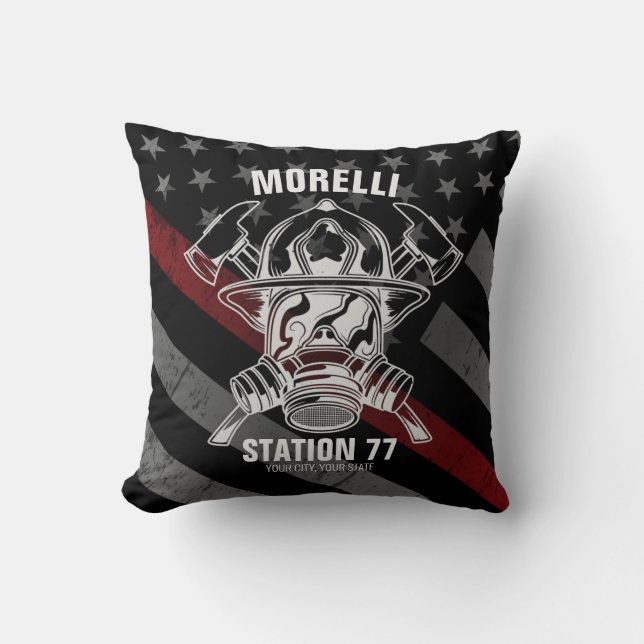 Custom NAME Firefighter Fire Department Station Throw Pillow (Front)