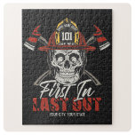 Custom NAME Firefighter First In Last Out Fireman  Jigsaw Puzzle<br><div class="desc">Personalize this truly unique,  one-of-a-kind Custom Fire Fighter Fireman featuring Skeleton with Helmet and Dual Axes Design. Personalized with your Name,  Number and Location! Perfect gift for that special person in your life!</div>