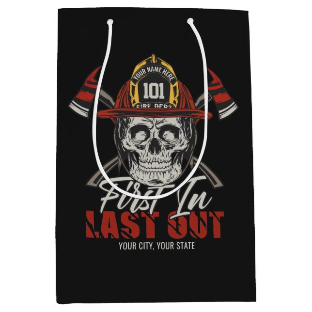 Custom NAME Firefighter First In Last Out Fireman  Medium Gift Bag (Front)