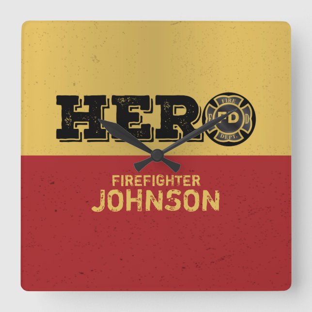 Custom Name, Firefighter Hero Square Wall Clock (Front)
