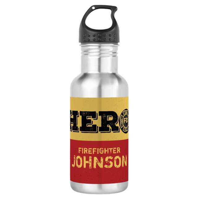 Custom Name, Firefighter Hero Stainless Steel Water Bottle (Front)