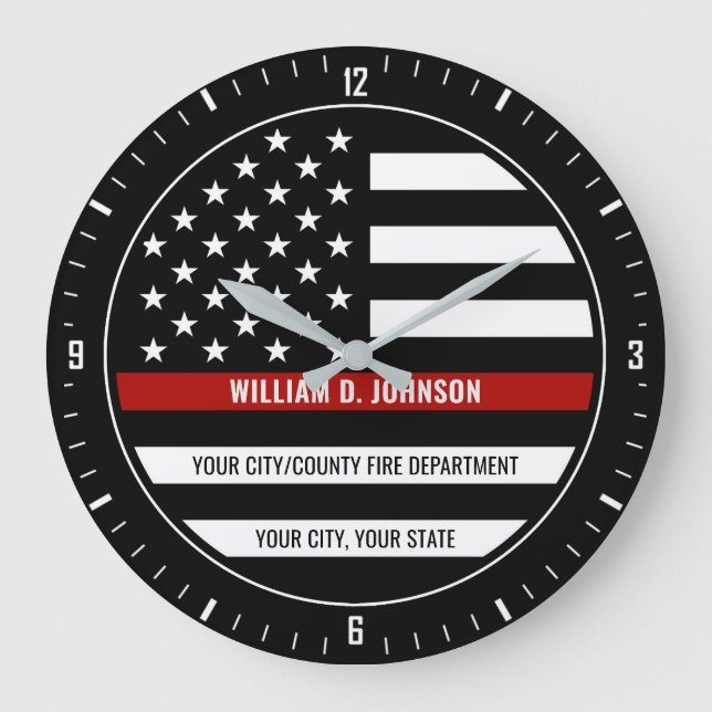 Custom NAME FireFighter Thin Red Line Fire Station Large Clock (Front)