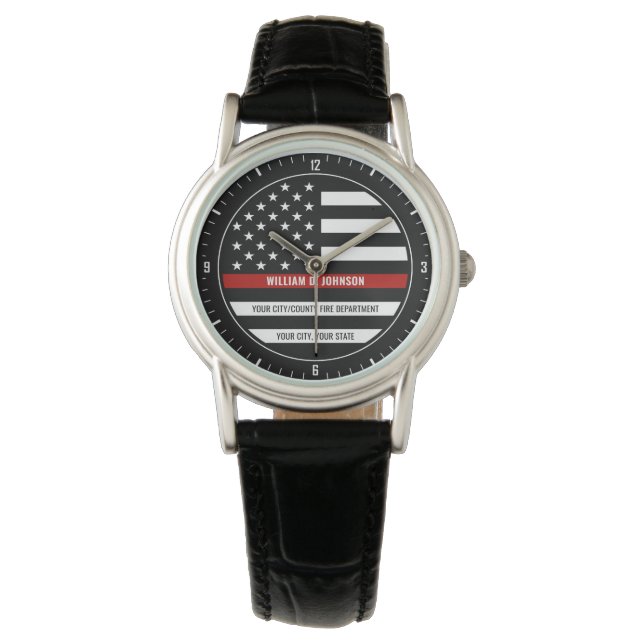 Custom NAME FireFighter Thin Red Line Fire Station Watch (Front)