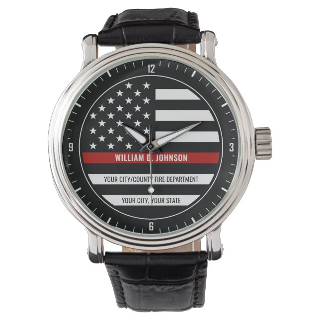 Custom NAME FireFighter Thin Red Line Fire Station Watch (Front)