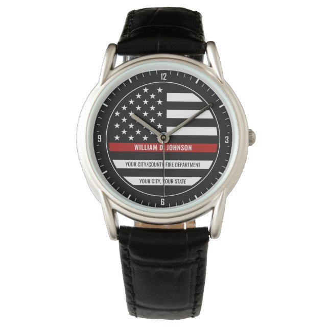 Custom NAME FireFighter Thin Red Line Fire Station Watch (Front)