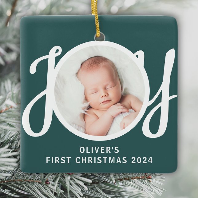 Custom Name First Christmas Photo Green Keepsake Ceramic Ornament (Creator Uploaded)
