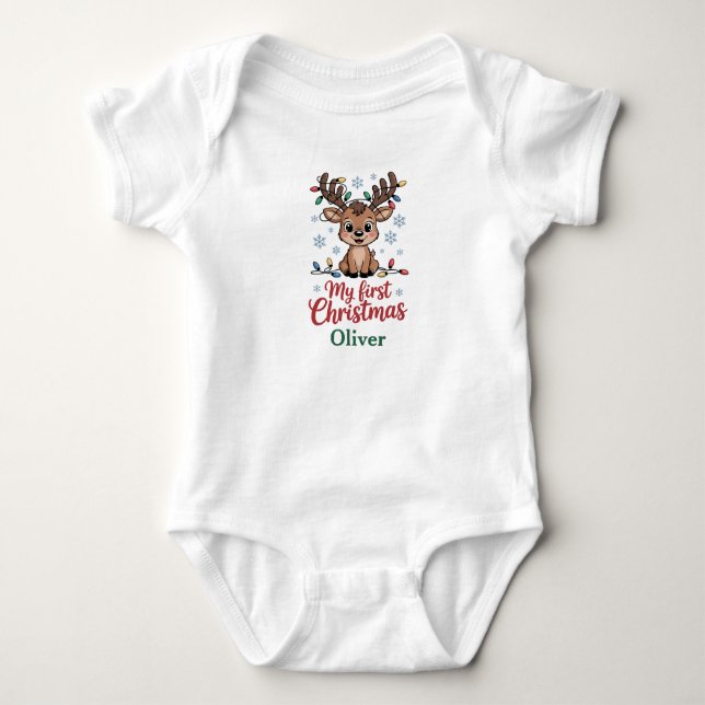 Custom Name First Christmas Reindeer Baby Bodysuit (Front)