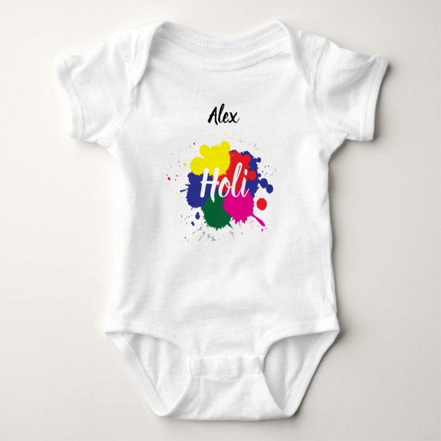 Custom Name First Happy Holi Festival Baby Bodysuit (Front)