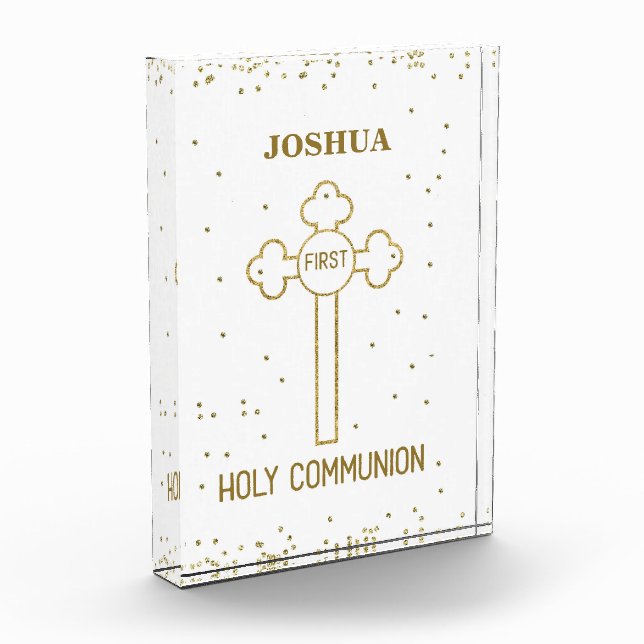Custom Name First Holy Communion Gold Look Cross Acrylic Award (Left)