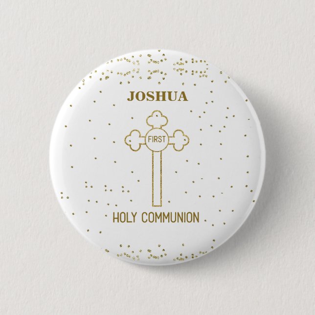 Custom Name First Holy Communion Gold Look Cross Button (Front)