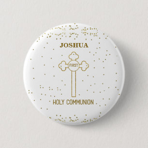 Custom Name First Holy Communion Gold Look Cross Button