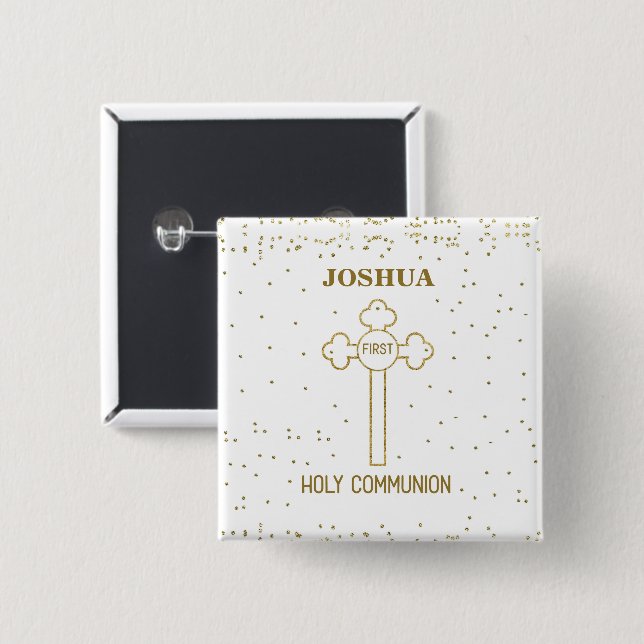 Custom Name First Holy Communion Gold Look Cross Button (Front & Back)
