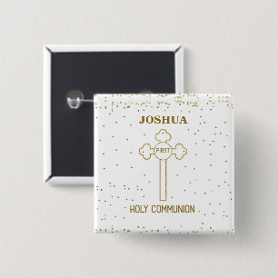 Custom Name First Holy Communion Gold Look Cross Button