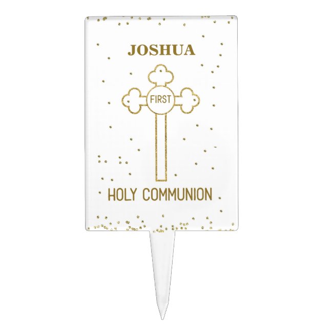 Custom Name First Holy Communion Gold Look Cross Cake Topper (Front)