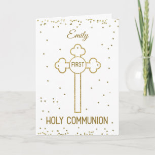 Custom Name First Holy Communion Gold Look Cross Card