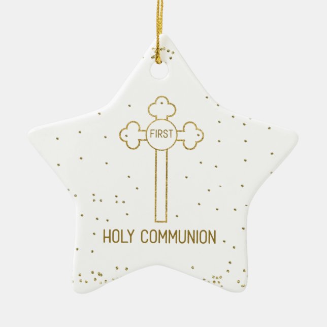 Custom Name First Holy Communion Gold Look Cross Ceramic Ornament (Front)