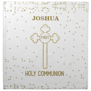 Custom Name First Holy Communion Gold Look Cross Cloth Napkin