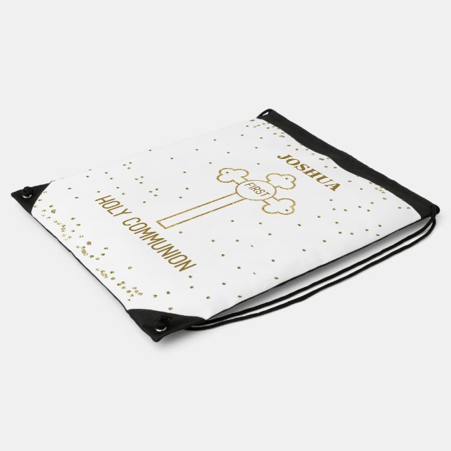 Custom Name First Holy Communion Gold Look Cross Drawstring Bag (Side)