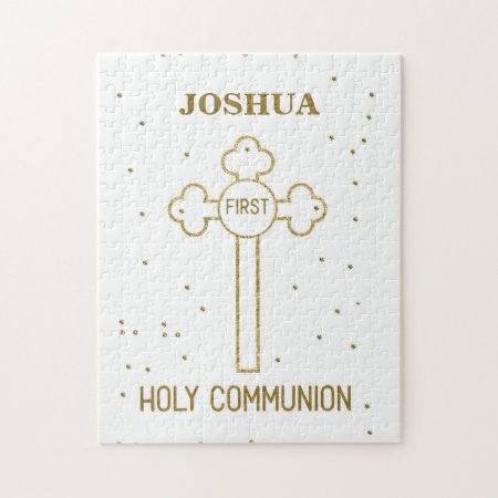 Custom Name First Holy Communion Gold Look Cross Jigsaw Puzzle