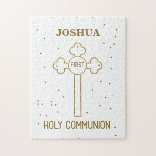 Custom Name First Holy Communion Gold Look Cross Jigsaw Puzzle