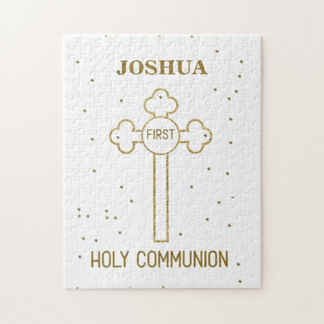 Custom Name First Holy Communion Gold Look Cross Jigsaw Puzzle (Vertical)