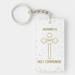 Custom Name First Holy Communion Gold Look Cross Keychain