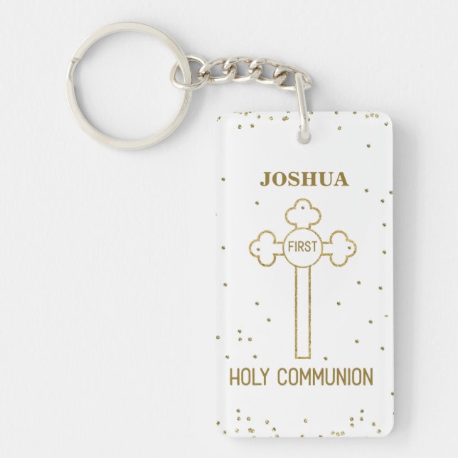 Custom Name First Holy Communion Gold Look Cross Keychain (Front)