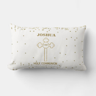 Custom Name First Holy Communion Gold Look Cross Lumbar Pillow