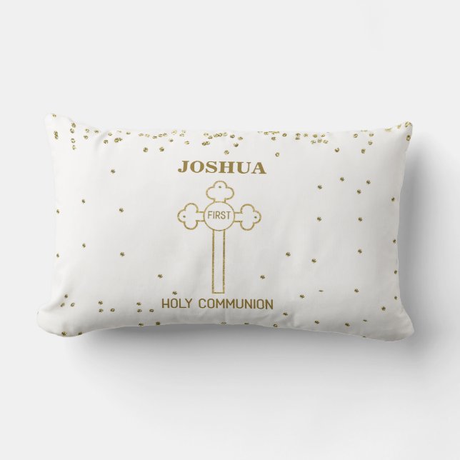 Custom Name First Holy Communion Gold Look Cross Lumbar Pillow (Front)