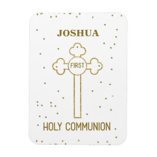 Custom Name First Holy Communion Gold Look Cross Magnet