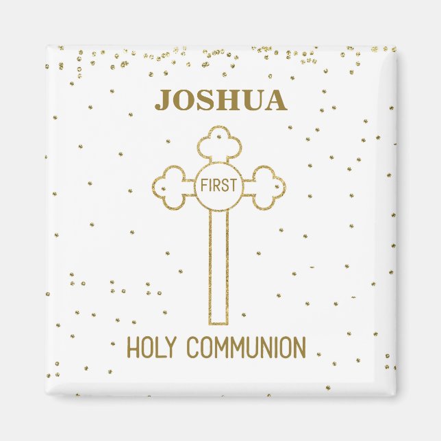 Custom Name First Holy Communion Gold Look Cross Magnet (Front)