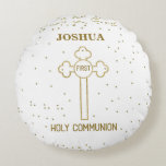 Custom Name First Holy Communion Gold Look Cross Round Pillow at Zazzle