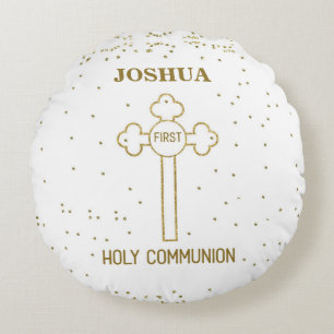 Custom Name First Holy Communion Gold Look Cross Round Pillow