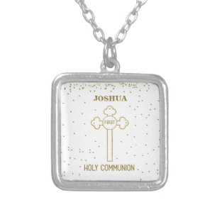 Custom Name First Holy Communion Gold Look Cross Silver Plated Necklace